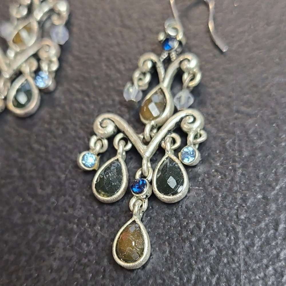 Retro Silvertone Long Blue Brown Drop Crystal Tassel Chandelier Hook Earrings 2" - Picture 2 of 7